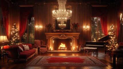 Obraz premium A cozy, festive living room adorned for Christmas with a fireplace and decorated trees.