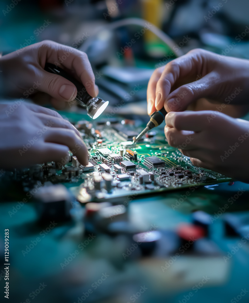 Poster close-up of two hands meticulously repairing a green circuit board using precision tools in a well-l