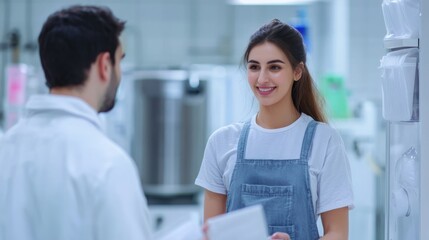 Obraz premium A smiling woman and a man in a lab coat engage in conversation in a bright, modern workspace, showcasing a professional yet friendly atmosphere.