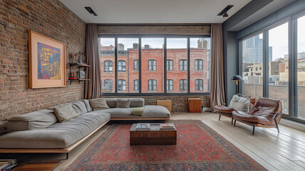 Fototapeta premium Modern loft living room with exposed brick and city views. Concept of urban living, industrial design, and open space.