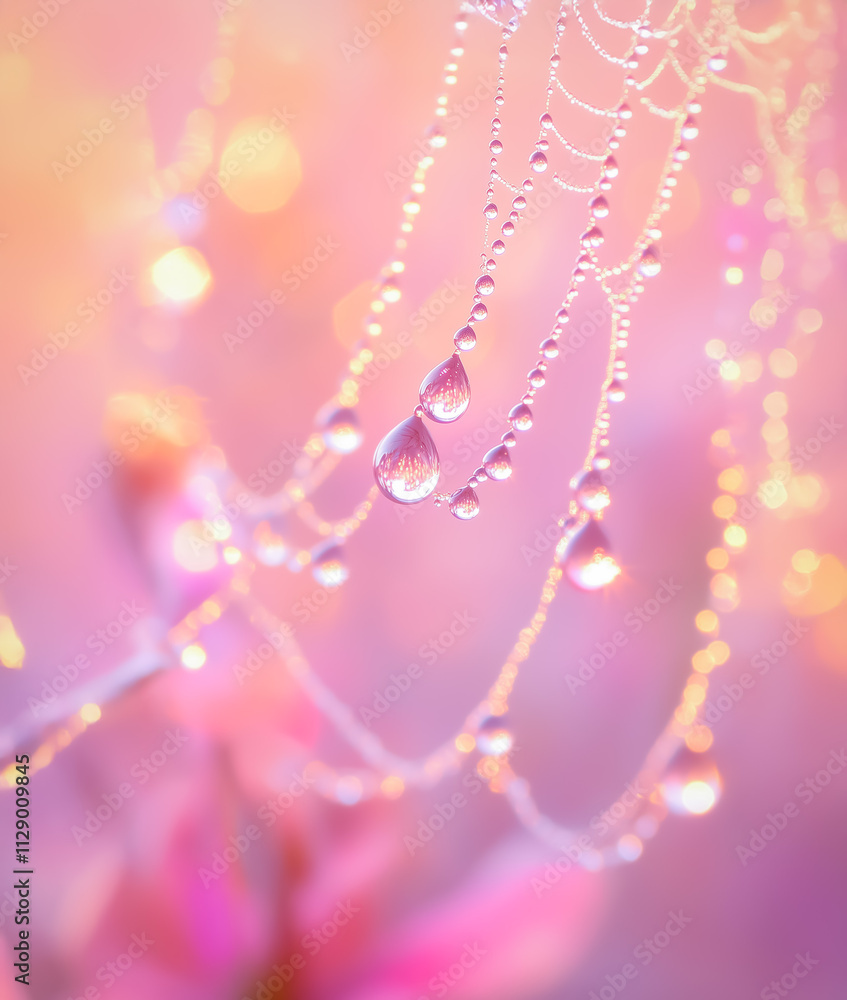 Aufkleber close-up view of sparkling dew drops on a spiderweb under golden sunlight, creating a shimmering, ma
