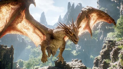 Obraz premium Majestic Golden Dragon Soaring Above Mountainous Ruins