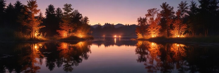 Naklejka premium Sunlit flames dance across the calm water of a serene pond at dusk , serene, summer