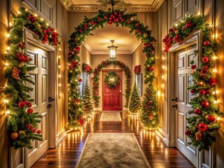 Fototapeta premium Festive Hallway Adorned with Twinkling Christmas Lights and Wreaths, Capturing the Spirit of the Holiday Season in a Warm and Welcoming Atmosphere