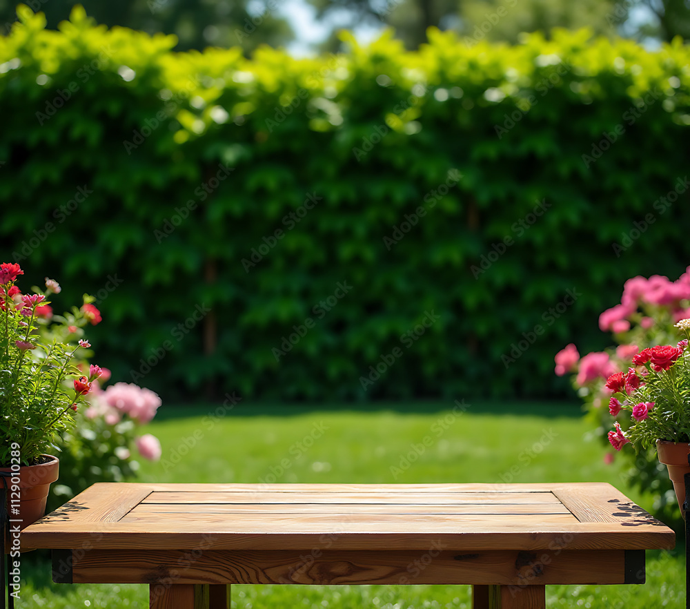 Poster lawn with empty wooden table featuring a vibrant green backdrop of lush plants and flowers for produ