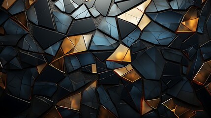 Abstract dark blue and gold fragmented geometric pattern.