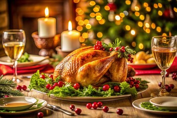 Festive Luxury Dinner Setup Featuring Succulent Roasted Turkey Surrounded by Elegant Tableware and Seasonal Decor in a Warm, Inviting Ambiance for Holiday Celebrations