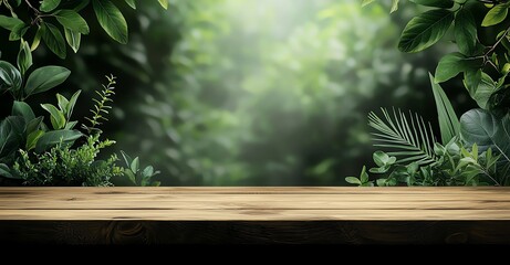 Obraz premium A serene wooden table is framed by lush green foliage, creating a tranquil atmosphere. Ideal for nature-themed projects or backgrounds that convey peace and vitality.
