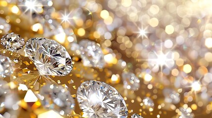 Fototapeta premium Sparkling diamonds scattered on a golden background, glittering with light.