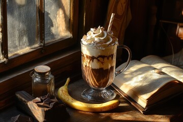 Cozy Banana Smoothie with Whipped Cream in Warm Lighting