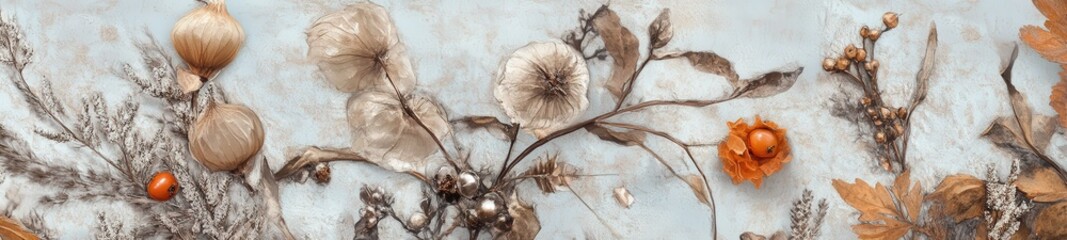 Vintage botanical still life with Chinese lantern plants and dried grasses, soft muted colors and textured background