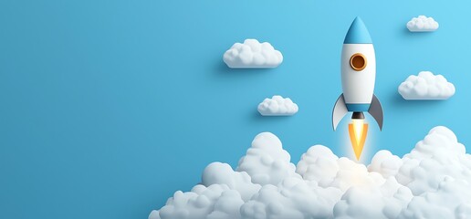 A colorful rocket launching into a bright blue sky, surrounded by fluffy white clouds. This image symbolizes innovation, progress, and the spirit of exploration in space.
