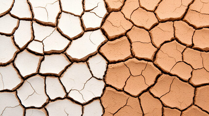 Dry cracked earth showing a contrast between light and dark soil textures, illustrating drought and arid landscapes.