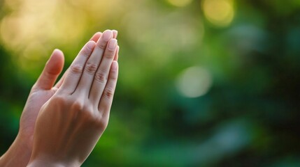 Peaceful prayer gesture in lush green nature close-up photography tranquil setting spiritual concept