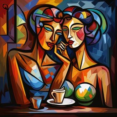 Obraz premium Creative cafe inspiration showcasing two figures enjoying coffee in an artistic city setting