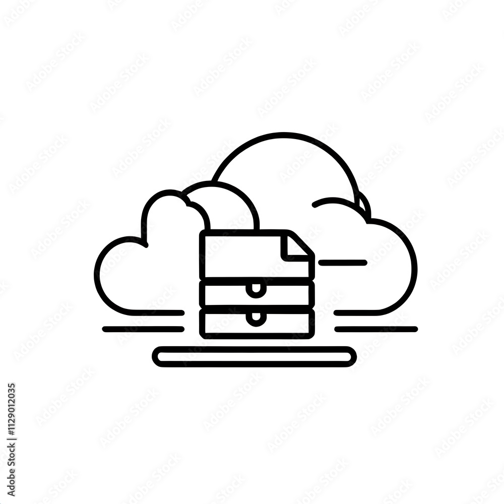 Poster cloud storage icon: a minimalist line art illustration depicting a cloud with data storage servers, 