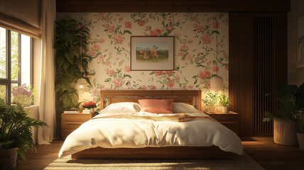 Cozy Vintage Bedroom with Floral Wallpaper. Concept of Relaxation and Comfort.