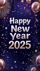New Year 2025 Digital Graphic with Sparkling Confetti, Balloons, and Fireworks