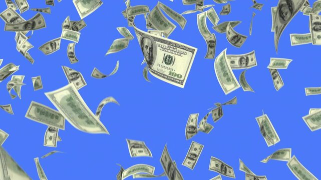 Money Rain, Falling 100 Dollar Bills on a Blue Background. 3d Animation. Ultra HD 4K 3840x2160