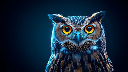 Fototapeta premium Owl with striking orange eyes against a dark blue background, showcasing intricate feather details and an intense gaze.