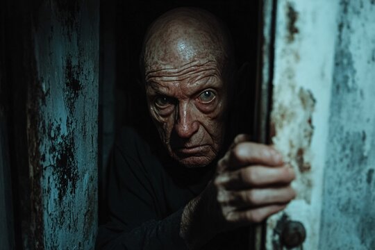 Terrifying bald elderly man with sunken face, bony arms reaching through a door crack, faint glow from behind, dark room, horror-filled ambiance, medium close-up 3