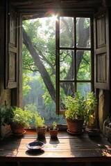 Serene Woodland Retreat: Sunlit Window Frames Nature's Embrace
