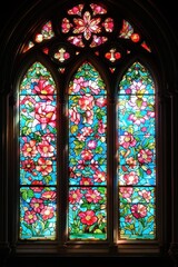 Vibrant Stained Glass Window Depicting Blooming Flowers