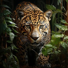 Majestic jaguar stalking through lush green foliage, intense gaze.