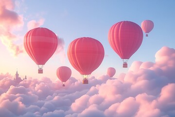 Naklejka premium A serene scene of pink hot air balloons floating above fluffy clouds at sunset.