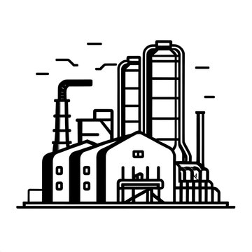 recommend clip art: Industrial Complex Line Art: A minimalist line art illustration of a sprawling industrial complex, showcasing its intricate network of pipes, chimneys, and structures.