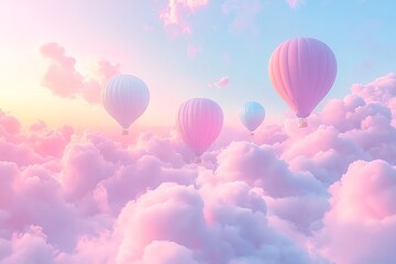 Obraz premium Hot air balloons floating among pastel clouds at sunset, creating a serene atmosphere.