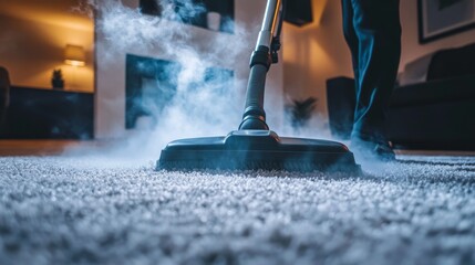 A person uses a vacuum cleaner on carpet, emitting steam, highlighting a deep cleaning process in a modern living space.