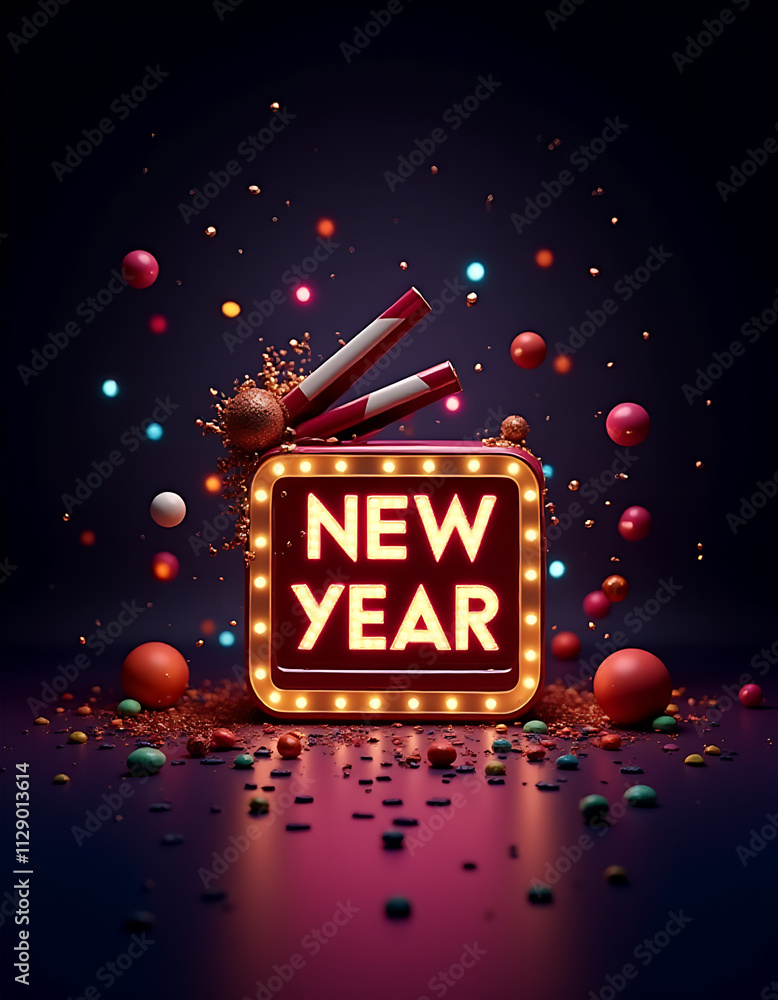 Poster happy new year celebration concepts feature a cinema light box with colorful elements set against a 