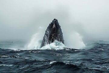 Fototapeta premium Humpback whale breaching in stormy ocean, water splashing.