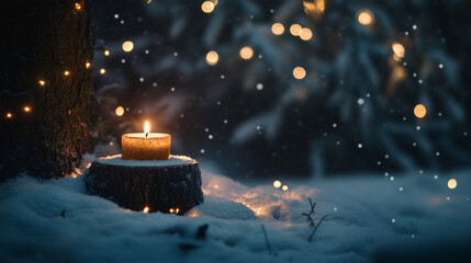Cozy candle illuminating a snowy winter night in a serene forest setting