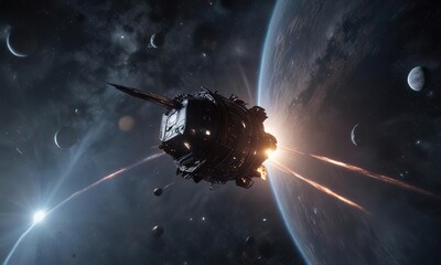 Naklejka premium Spacecraft flying through the cosmos with stars and planets in the background, universe, stars, planets