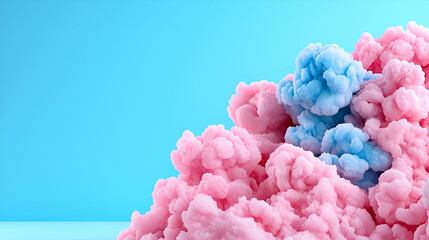 Fluffy pink and blue cotton candy against a soft blue background, creating a whimsical and colorful dessert aesthetic.