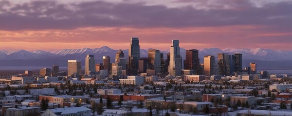 Fototapeta premium Panoramic view of the Anchorage Downtown Skyline at dawn or dusk, capturing the warm colors and soft light , Skyline, Soft Light, Downtown