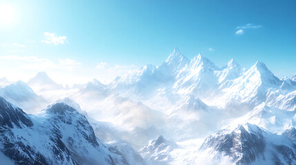 Fototapeta premium A breathtaking view of snow-capped mountains under a clear blue sky, with sunlight glistening on the snow 