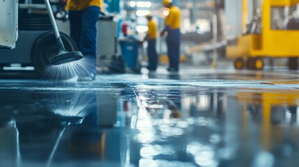 A clean industrial facility with workers in yellow shirts maintaining the shiny floor, reflecting the busy environment and commitment to cleanliness.