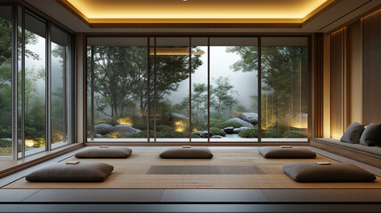 Modern Zen Meditation Room with Garden View. Concept of tranquility, relaxation, and mindfulness.