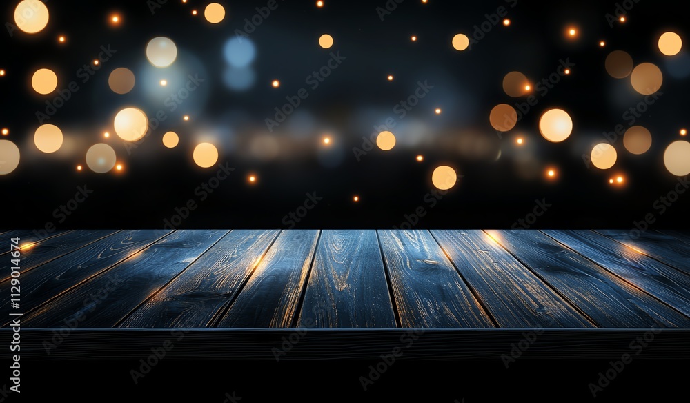 Poster a captivating image featuring a wooden surface with soft bokeh lights in the background, ideal for s