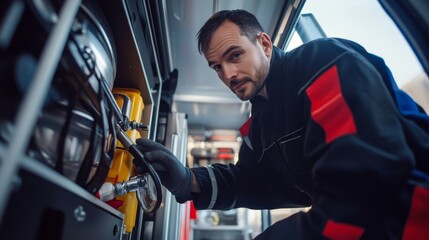 A technician inspects machinery, focused and engaged, showcasing expertise in maintenance and repair within a professional environment.