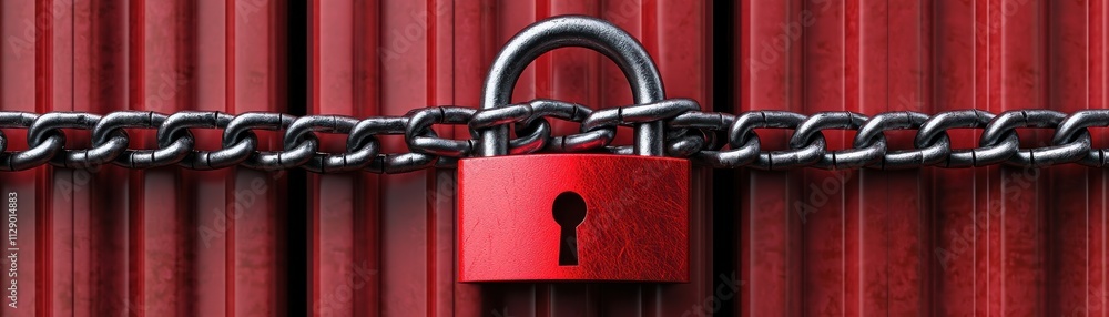 Poster a red padlock secured with a chain against a backdrop of vertical red bars, symbolizing security and