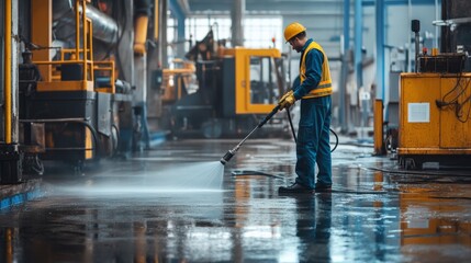 A worker cleans a factory floor using a pressure washer, surrounded by industrial equipment in a well-lit environment.