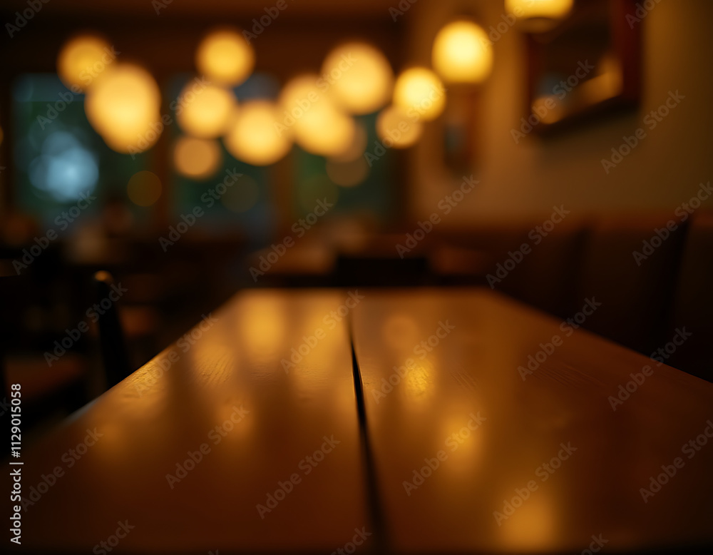 Aufkleber Gold bokeh of cafe restaurant shines softly on an empty wooden table in a dark background with selective focus applied._00002_