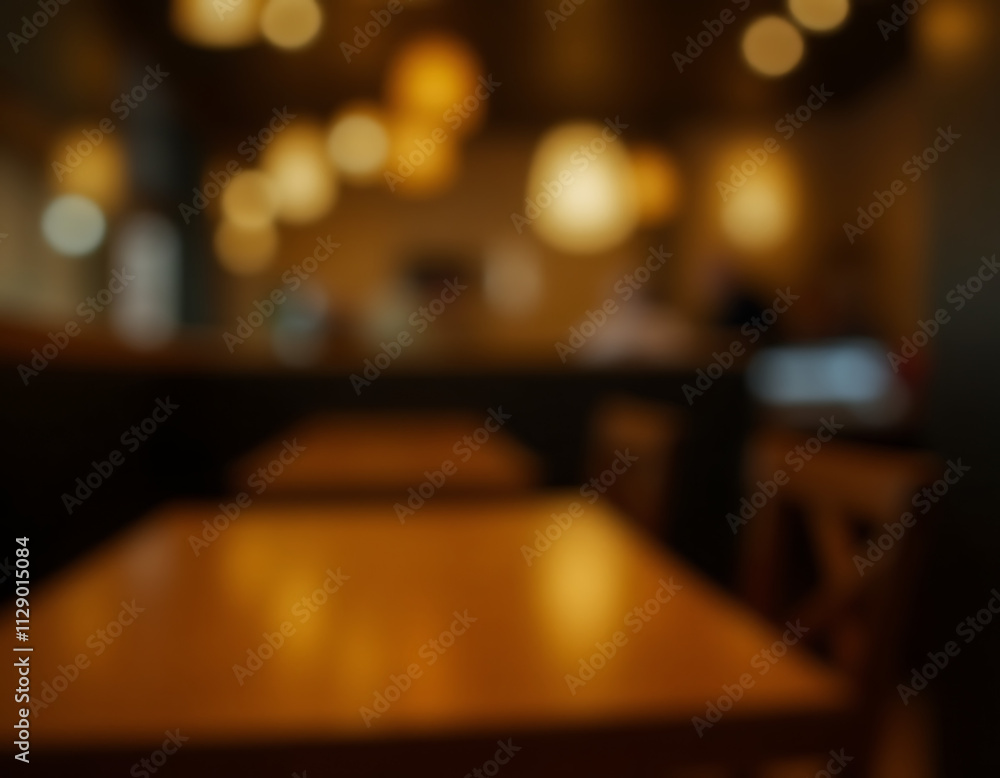 Aufkleber Gold bokeh of cafe restaurant shines softly on an empty wooden table in a dark background with selective focus applied._00001_