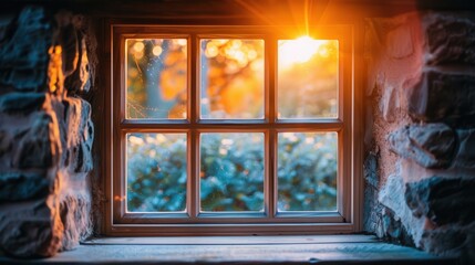 Cozy Cabin Window Overlooking a Snowy Landscape