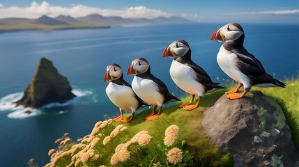 Fototapeta premium Four puffins perched on a cliff overlooking a scenic ocean vista.