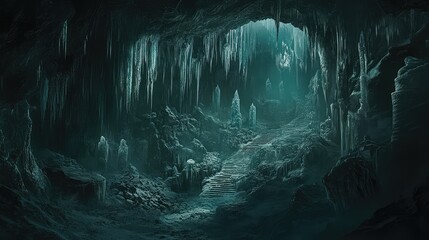 A series of ice-covered stalactites and stalagmites within a cave, creating a frozen, sparkling landscape in the dark underground